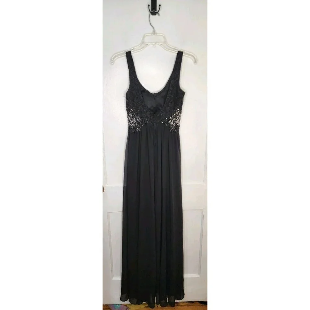 Size 0 City Triangles Black Formal Maxi Dress High Slit Lace Structured Bodice